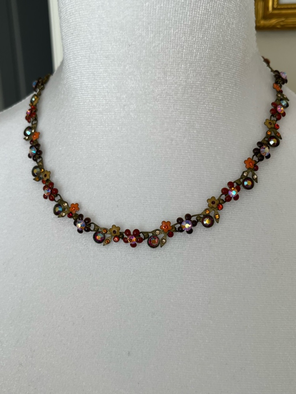 Vintage fresh flowers orange brass necklace 16-18inch